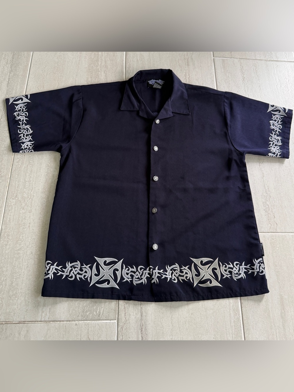 Silver Point XL Flame Shirt Navy Blue Rockabilly Y2K 2000s Tribal Button Down